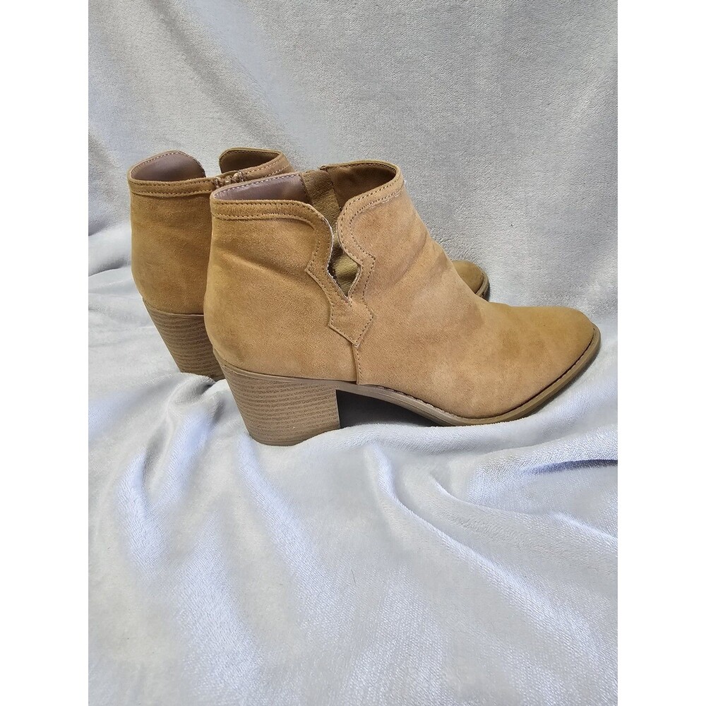 Tan Suede Ankle Booties Zip Up Block Heel Boots Size 10 Women